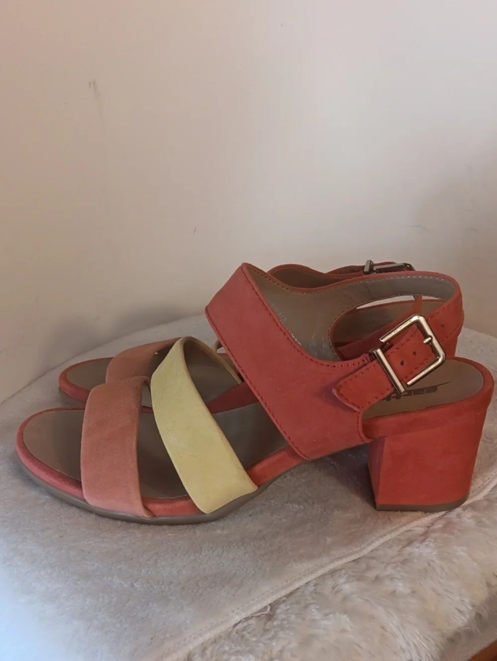 Earth Colorblock Suede Block Heel Sandal — Coral & Yellow